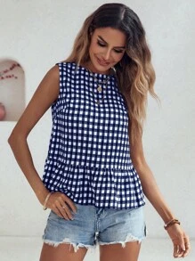 SHEIN LUNE 女士格纹荷叶边下摆无袖衬衫荷叶边上衣