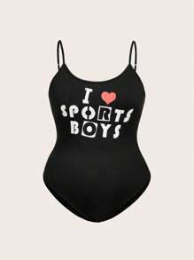SHEIN Qutie Plus Slogan And Heart Print Slip Bodysuit - Black - View 1
