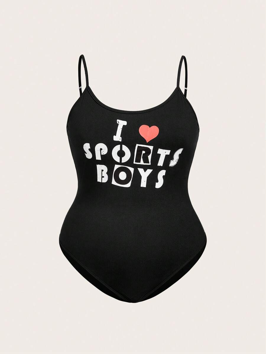 SHEIN Qutie Plus Slogan And Heart Print Slip Bodysuit - Black - View 1