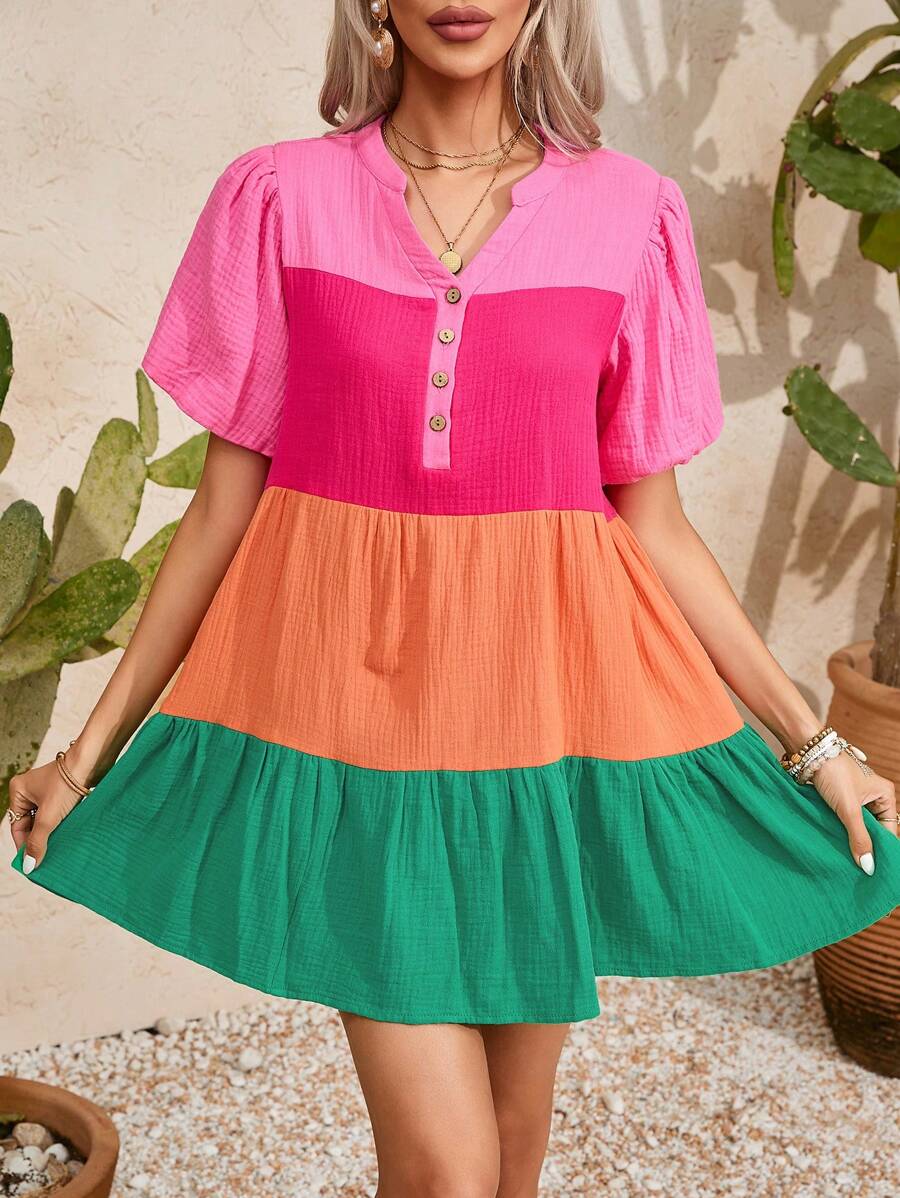 Aveloria GENKIRA Ladies' Color-Block V-Neckline Short Sleeve Bodycon Dress With Cutout - Multicolor - View 1