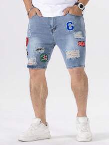 Manfinity EMRG Nam Kích thước lớn Quần jean rách Quần short Với In Vá lại - Rửa nhẹ - Xem 3