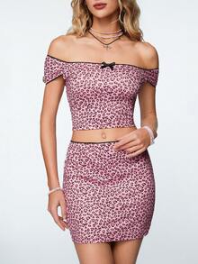 SHEIN Qutie Leopard Print Bow-Knot Front Short Top And Skirt Two Pieces Set - Pink - View 6