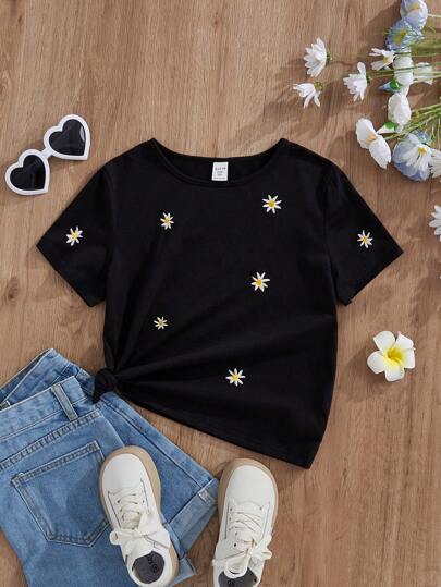 SHEIN 少女寬鬆可愛的復古宮廷風格圓領花卉印花短袖t恤