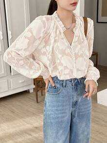 DAZY 女式提花襯衫,帶有凸出的領口和燈籠袖 - 白色 - 查看 7