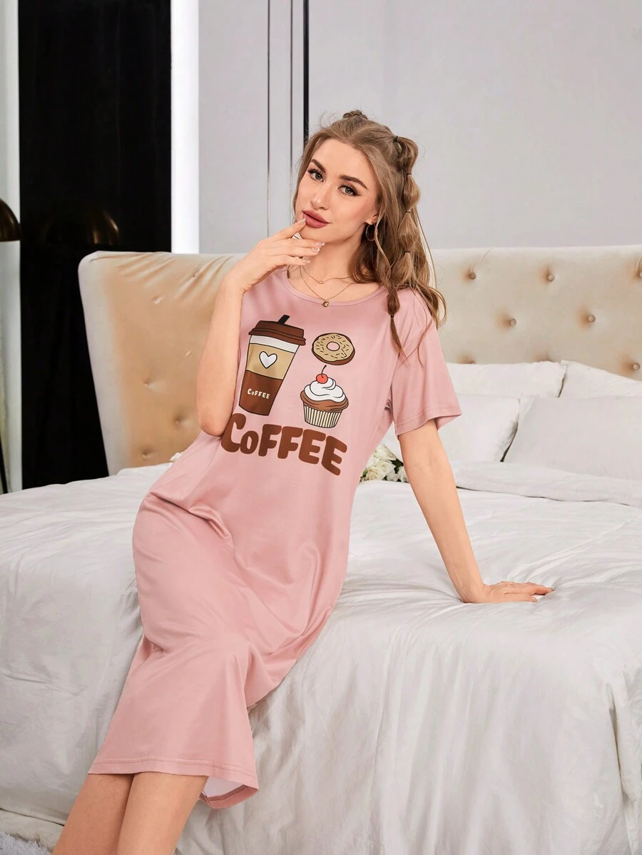 Ladies' Sleep Dress Pajama Dress With Cartoon Coffee & Snack Pattern, Moo Moo - Baby Pink - View 1