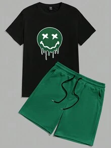 Manfinity RebelGame Nam Dệt kim Mặt In Ngắn tay Áo thun Và Bộ quần short - màu xanh lá - Xem 4