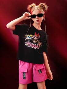 THE POWERPUFF GIRLS X SHEIN Tween Girl Cartoon & Letter Graphic Set