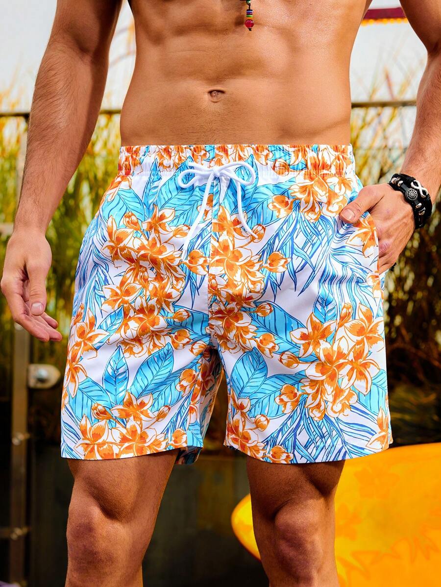 Surfspeed Men's Floral Print Beach Shorts With Slanted Pockets - Baby Blue - View 1