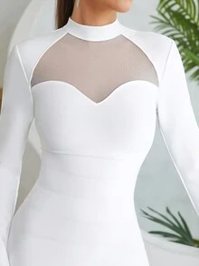 简约性感绷带拼接网眼紧身长袖连衣裙