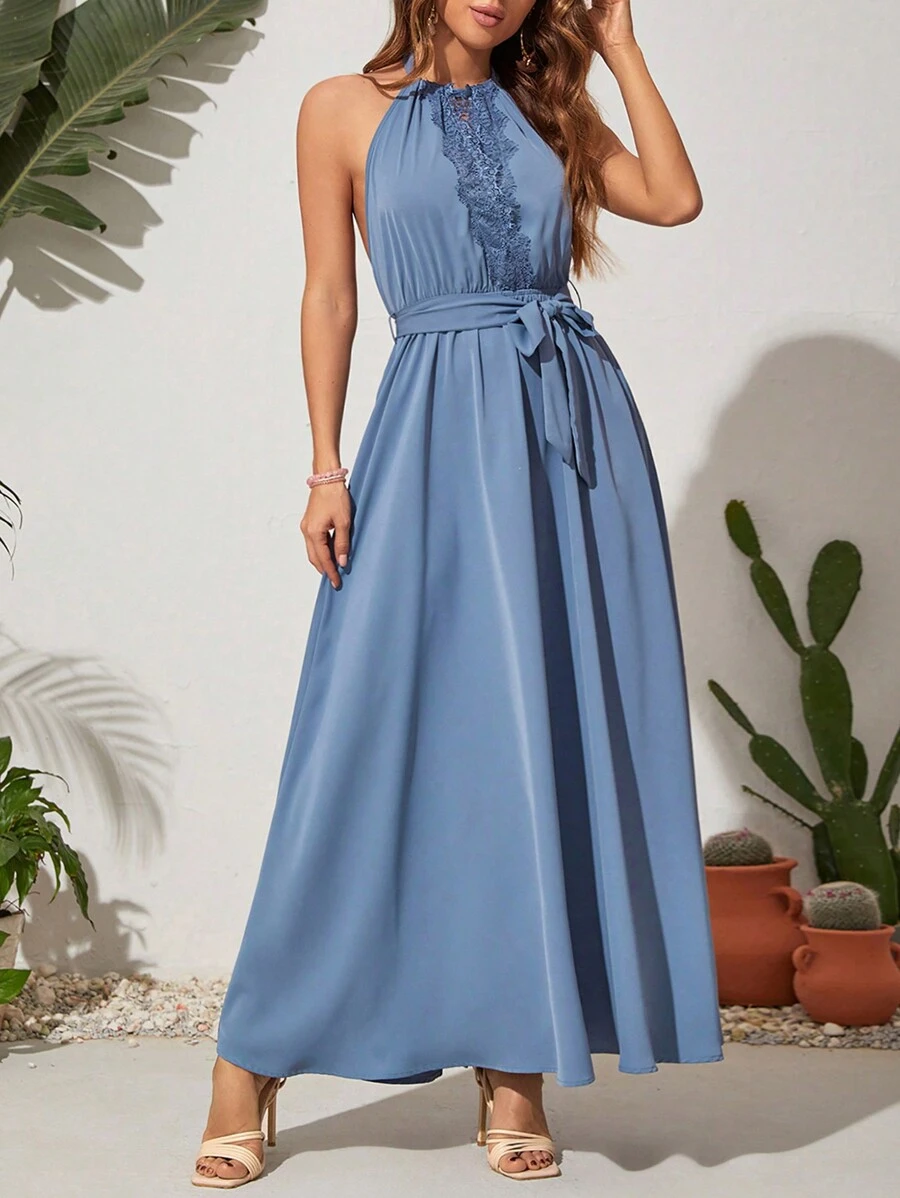 SHEIN VCAY Đầm dự tiệc mùa hè hở vai phối ren cho nữ - màu xanh lá - Xem 1