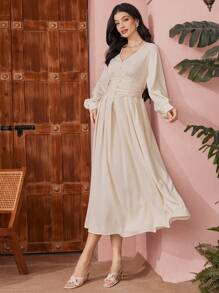 Modelyn Của phụ nữ Màu thuần Tay áo lồng đèn Đầm - Màu be - Xem 3