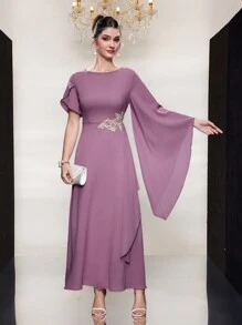 Modelyn Arabic Style Bell Sleeve Round Neck Dress - Purple - View 4