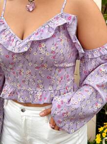 Dreamara Plus Size Women's Ruffle Ditsy Floral Top With Ruffle Trim - Multicolor - View 6