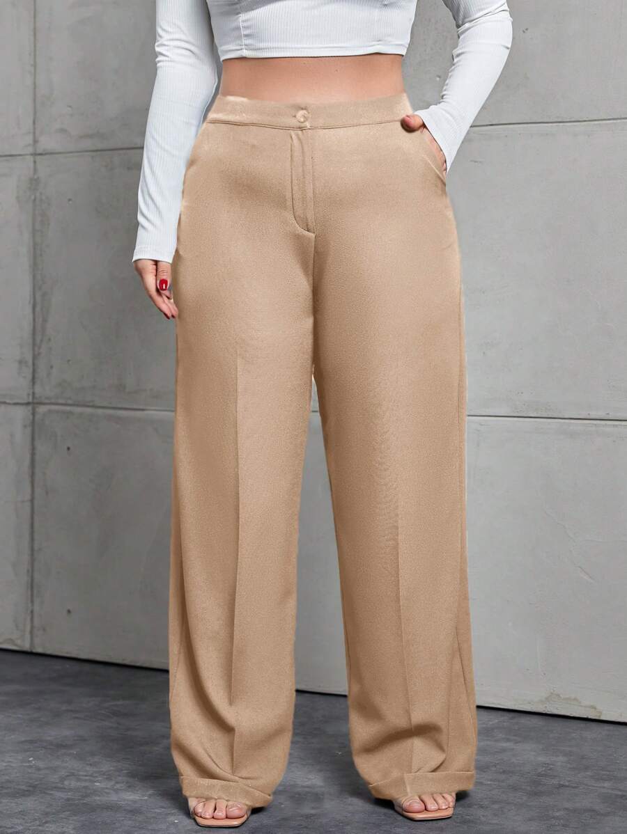 SHEIN Cottnline Kích thước lớn Của phụ nữ Màu thuần Đã bỏ túi Quần tây - màu nâu - Xem 1