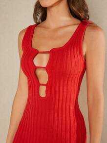 L'Amorae Ladder Cut Out Ribbed Knit Sleeveless Dress - Red - View 3