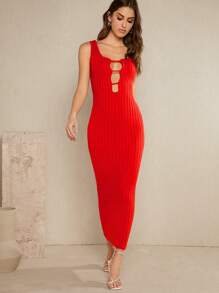 L'Amorae Ladder Cut Out Ribbed Knit Sleeveless Dress - Red - View 5