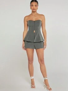 Hauture Pinstripe Zip Tube Top & Shorts Two Piece Set - Grey - View 5