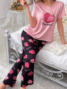 Women's Strawberry & Letter Print Pajama Set - Multicolor - View 1