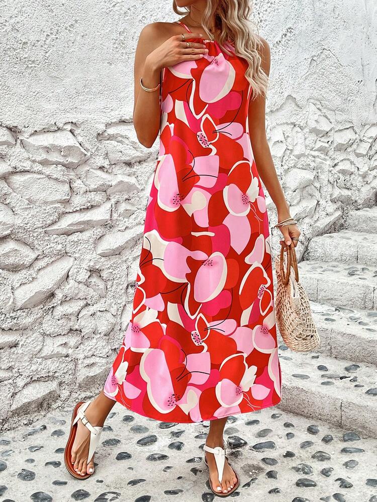 Backless Halter Neck Sleeveless Dress With Full Pattern Print