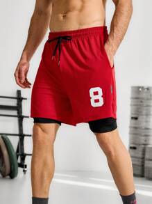 Manfinity Sport Corelite 男士数码印花侧条纹双层运动短裤，带口袋慢跑短裤/运动裤 - 橘色 - 查看 5