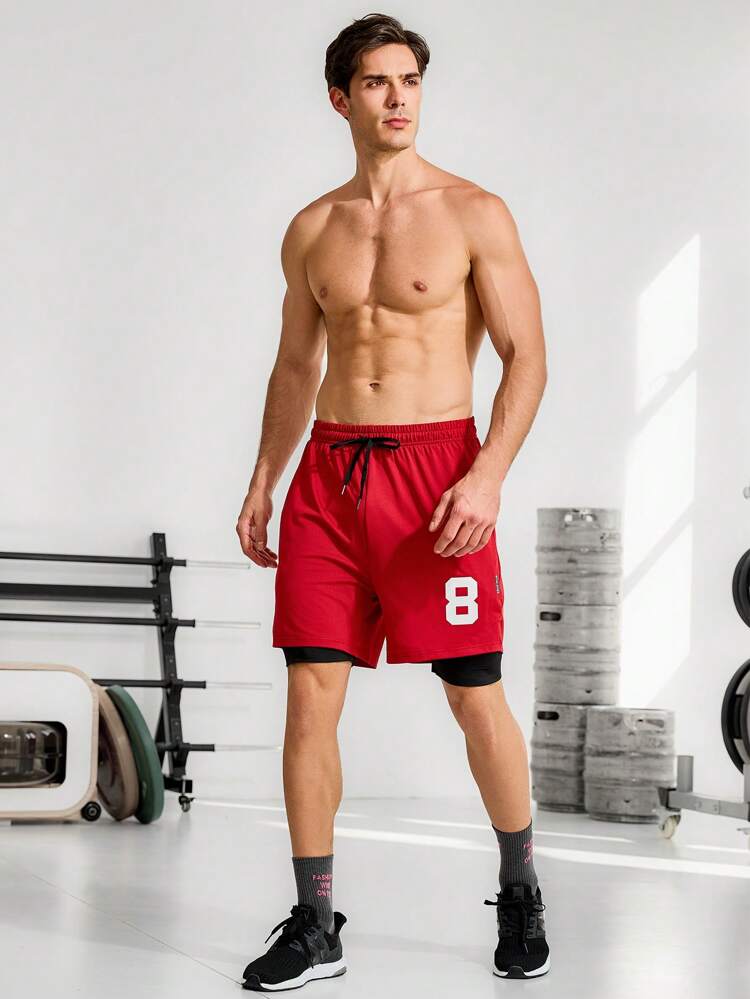 Men's Digital Pattern Side Stripe Double Layer Sports Shorts With Pocket Jogger Shorts Sweat Pants