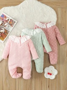 SHEIN 3入組嬰兒女裝白色波點印花加蕾絲剪裁領口的連身衣,家居服飾 - 彩色 - 查看 2
