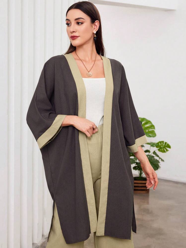 Women's Color-Contrast Edging Batwing-Sleeved Jacket And Solid Wide-Leg Pants Two-Piece Set 2 Piece Set