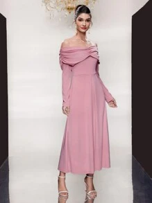 Modelyn Women's Solid Color Pleated Off Shoulder Long Sleeve Dress Long Evening Dresses Fall Cloth For Women - Pink - View 3