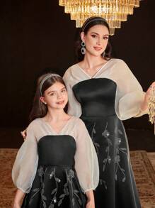 SHEIN Tween dziewczynka Śliczny Bańka Rękaw Szyfon Staw Iskrzący się Dekoracja z kryształu górskiego Średniej długości Sukienki