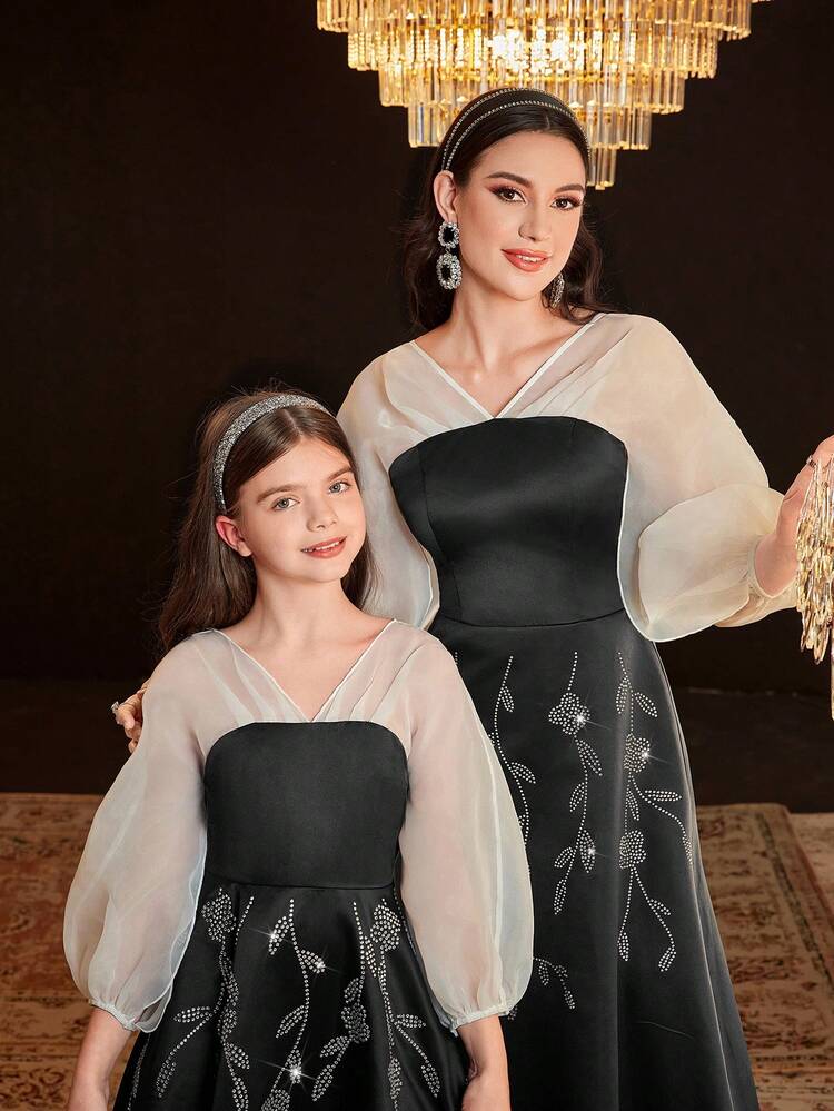 Tween Girls' Cute Bubble Sleeve Chiffon Joint Sparkly Rhinestone Decor Mid-Length Dress