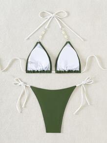 SHEIN Swim Shell Decorated Two-Piece Bikini Set, String Bikini Set Swimwear Bathing Suit Beach Outfit Summer Vacation Summer Beach - Army Green - View 4