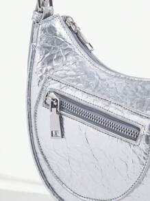 SHEIN ICON Women's Stylish Silver High-End Shoulder Bag With Front Zipper Pockets, Underarm Bag - Silver - View 4