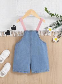 SHEIN Young Girls' Lovely Pink Straps & Cute Printed Denim Dungaree Shorts - Light Wash - View 2