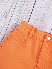 SHEIN 少女洗水舒適時尚運動純色磨邊丹寧短褲 - 橘色 - 查看 4