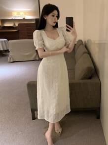 DAZY 提花拼接网纱甜心领收腰设计，饰以仿珍珠，短袖女式连衣裙，生日舞会礼服，吊带裙，优雅女装 - 杏色 - 查看 5