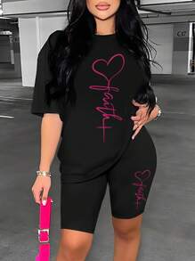 Zolique Women's Heart Pattern Short Sleeve T-Shirt And Cycling Shorts Set - Black - View 1