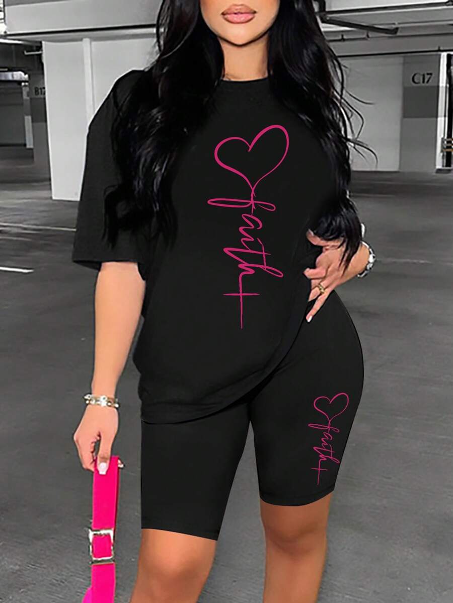 Zolique Women's Heart Pattern Short Sleeve T-Shirt And Cycling Shorts Set - Black - View 1