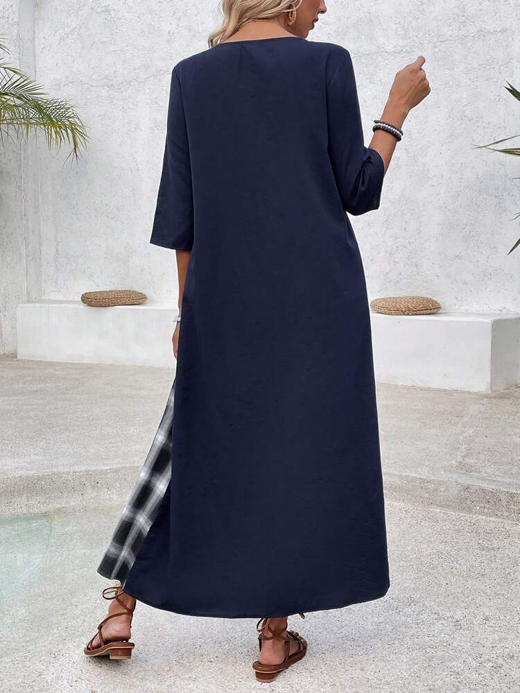 Women's Plaid Patchwork Decorated Buttoned Dress