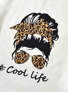 Teenage Girl's Leopard Print Portrait Mural Short-Sleeved T-Shirt And Shorts Set, School, Campus, College - White - View 5