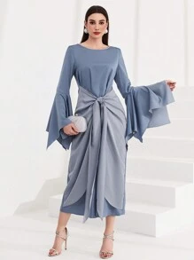 Modelyn Women's Asymmetrical Bell Sleeve Tied Front Dress - Blue - View 3
