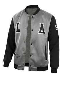 Men's Color Block Letter Printed Baseball Jacket - Grey - View 1