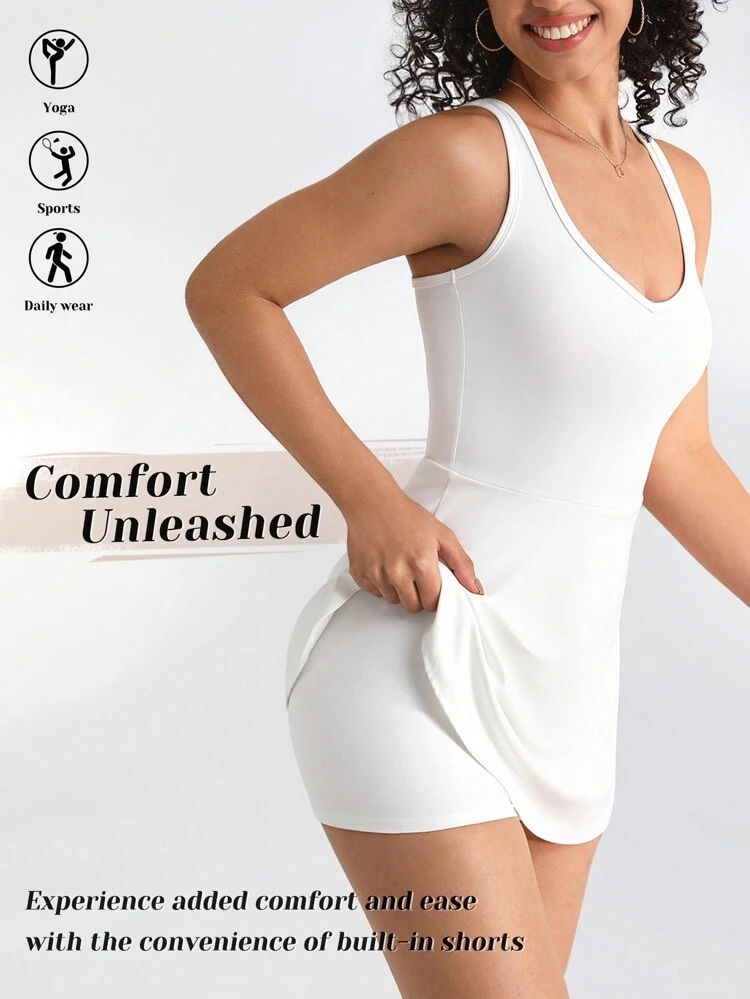 Ladies' Solid Color Athletic One-Piece Dress With Round Neckline Sport Dress