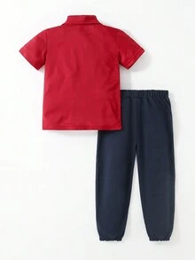 SHEIN 2pcs/Set Young Boy's Striped Short Sleeve Polo Shirt With Embroidery Detailing And Pants - Burgundy - View 2
