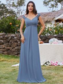 EVERPRETTY Sexy Backless Off Shoulder Embroidered Bridesmaid Dress With Straps - Dusty Blue - View 3