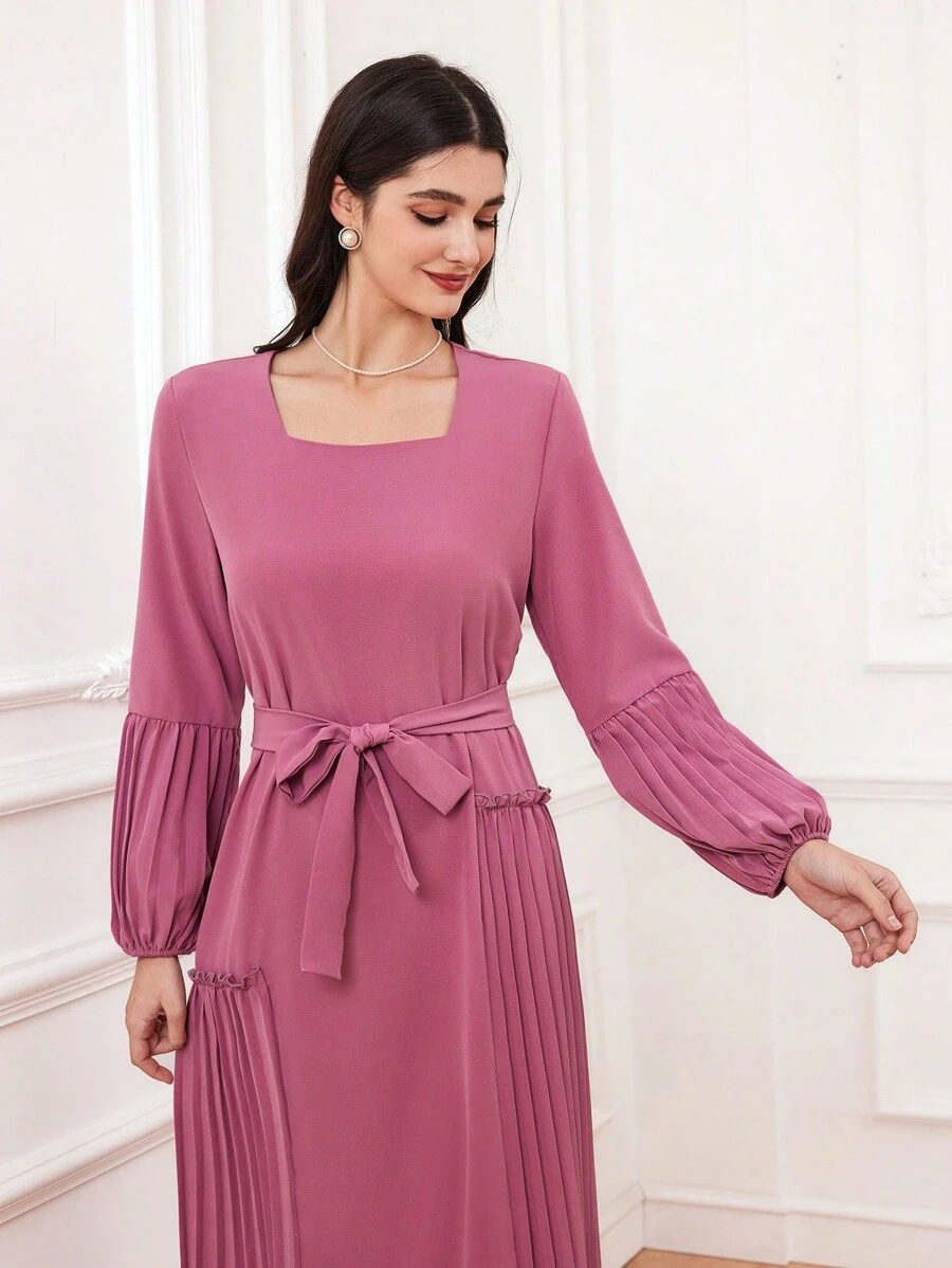 Modelyn Của phụ nữ Hình vuông Đường viền cổ áo Xếp li Tay áo lồng đèn Đầm - Màu đỏ tím - Xem 1