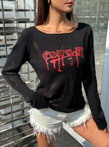 StreetHx Women's Hollow Out Letter Pattern Knitted Sweater  Fall Winter Outfit