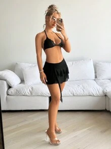 SHEIN ICON Women's Multi-Layer Ruffle Trim Low Rise Y2K Mini Black Skirt - Black - View 3