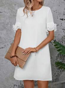 SHEIN LUNE Ladies' Double Layered Ruffle Sleeve A-Line Dress - White - View 4