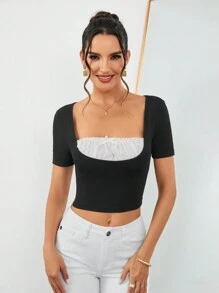 SHEIN Privé Damska elegancka koszulka do dojazdów do pracy, do pracy na co dzień, swobodna i uniwersalna 2 w 1, czarna, letnia, z krótkim rękawem