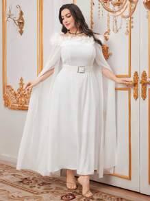 Modelyn Plus Size Women's Off Shoulder Dress With Ruffle Hem And High Slit - White - View 4
